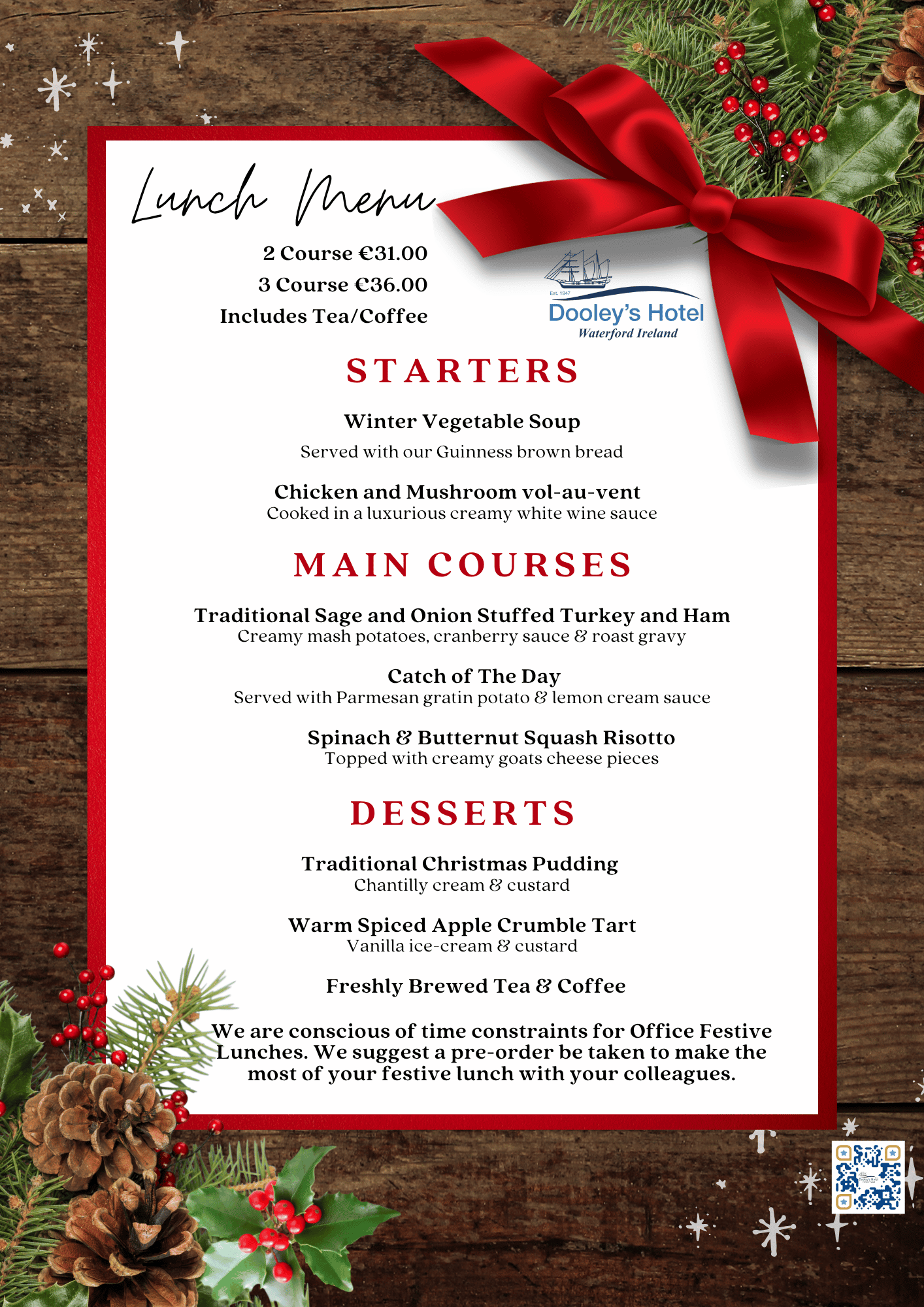 festive lunch menu 2026 dooley s hotel 1