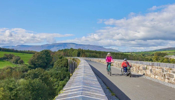 Two people cycling along the Waterford Greenway on a bright sunny day